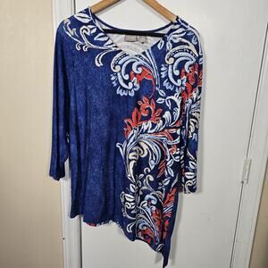 Chicos Asymetrical Hem Tunic Blouse Size L Boho Paisley Print Americana Casual